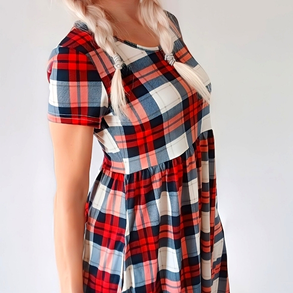 NWT Honeyuppy Plaid Fit-and-Flare Midi Dress Pockets Red Blue White S - Picture 4 of 5